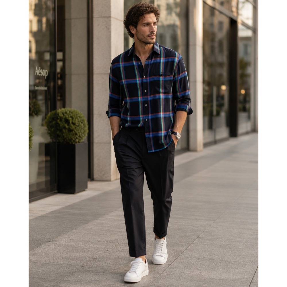 Scotch & Soda Plaid Button Down Mens L Navy Rainbow/Tartan Modal Shirt